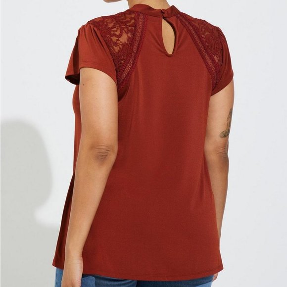 Torrid Burgundy Studio Crepe Jersey Mock Neck Lace Inset Top, Size 6, Li… - Picture 3 of 5